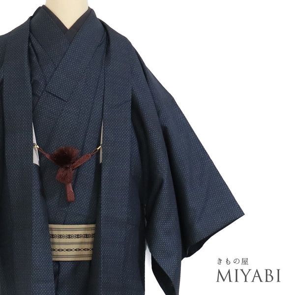 アンサンブル 男物 リサイクル 身丈134cm 裄68.6cm 羽織丈93cm 袷 紬 絣柄 ネイビー SSサイズ お洒落 カジュアル 正絹 棒衿 Sランク